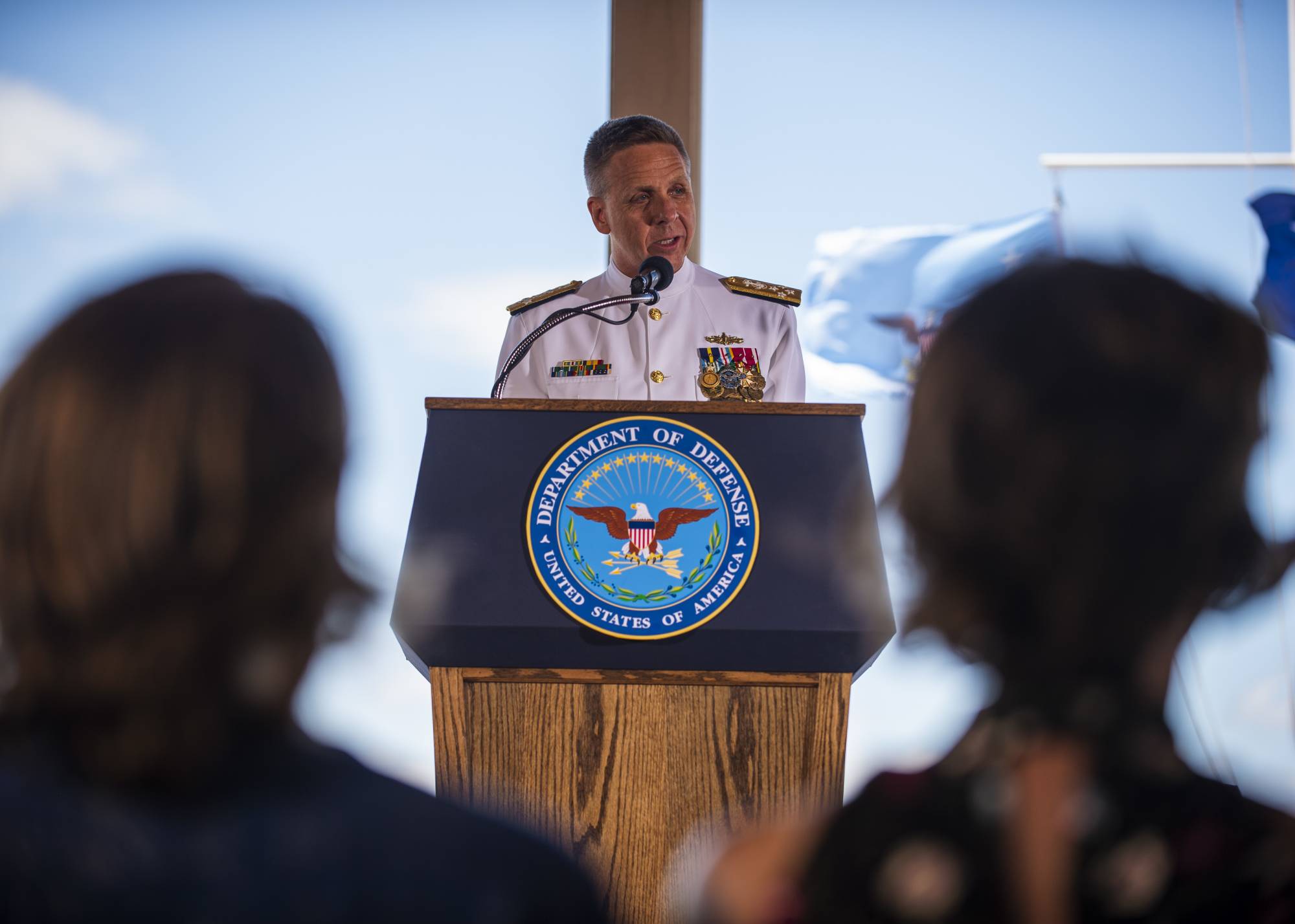 Then-U.S. Indo-Pacific Command chief Adm. Philip Davidson delivers remarks during a change-of-command ceremony at Joint Base Pearl Harbor-Hickam in Hawaii in April 2021.  | U.S. NAVY