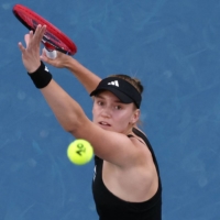 Elena Rybakina hits a return against  Victoria Azarenka during their women\'s singles semifinal match on Day 11 of the Australian Open in Melbourne on Thursday. | AFP-JIJI
