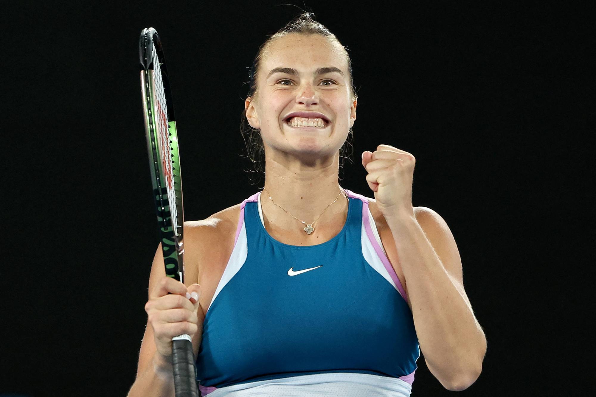 Aryna Sabalenka celebrates victory against Magda Linette during their women's singles semifinal match on Day 11 of the Australian Open in Melbourne on Thursday. | AFP-JIJI