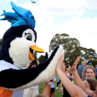 Tazuni, the FIFA Women\'s World Cup 2023 official mascot, makes an appearance alongside junior players in Melbourne on Nov. 9. | REUTERS