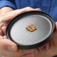 Shoji Takeuchi holds a sample of the lab-grown meat he sampled in 2022. | TOMOKO OTAKE