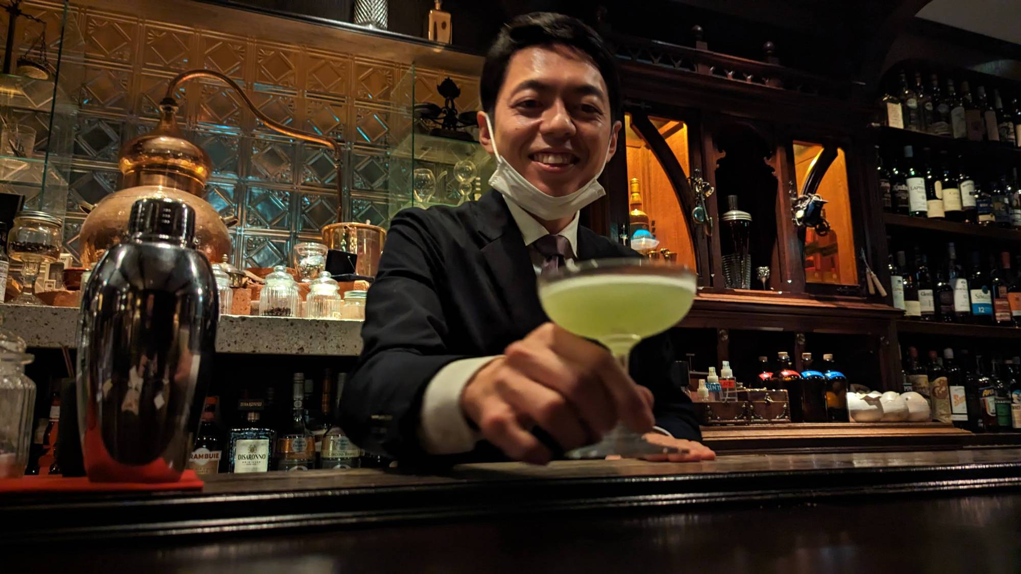 Lamp Bar's head bartender Yoshifumi Yoshinaka serves an espresso martini with Nara's special regional tea blend in place of traditional coffee. | OWEN ZIEGLER