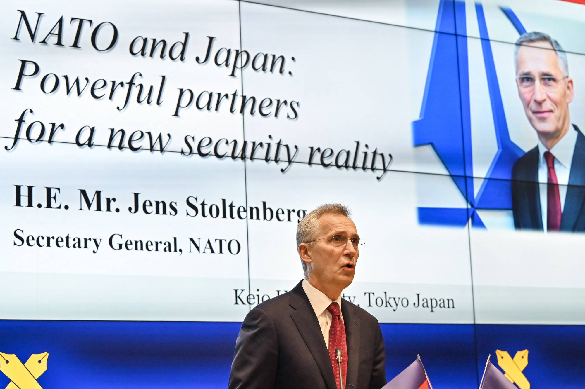 NATO Secretary-General Jens Stoltenberg gives a speech during a visit to Keio University in Tokyo on Wednesday. | AFP-JIJI