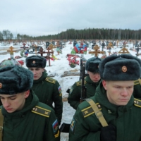 A funeral is held for one of the fallen mercenaries from the private Wagner military group in St. Petersburg in late December. | REUTERS