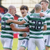 Kyogo Furuhashi celebrates after scoring for Celtic during a victory over St. Johnstone in Perth, Scotland, on Sunday. | KYODO
