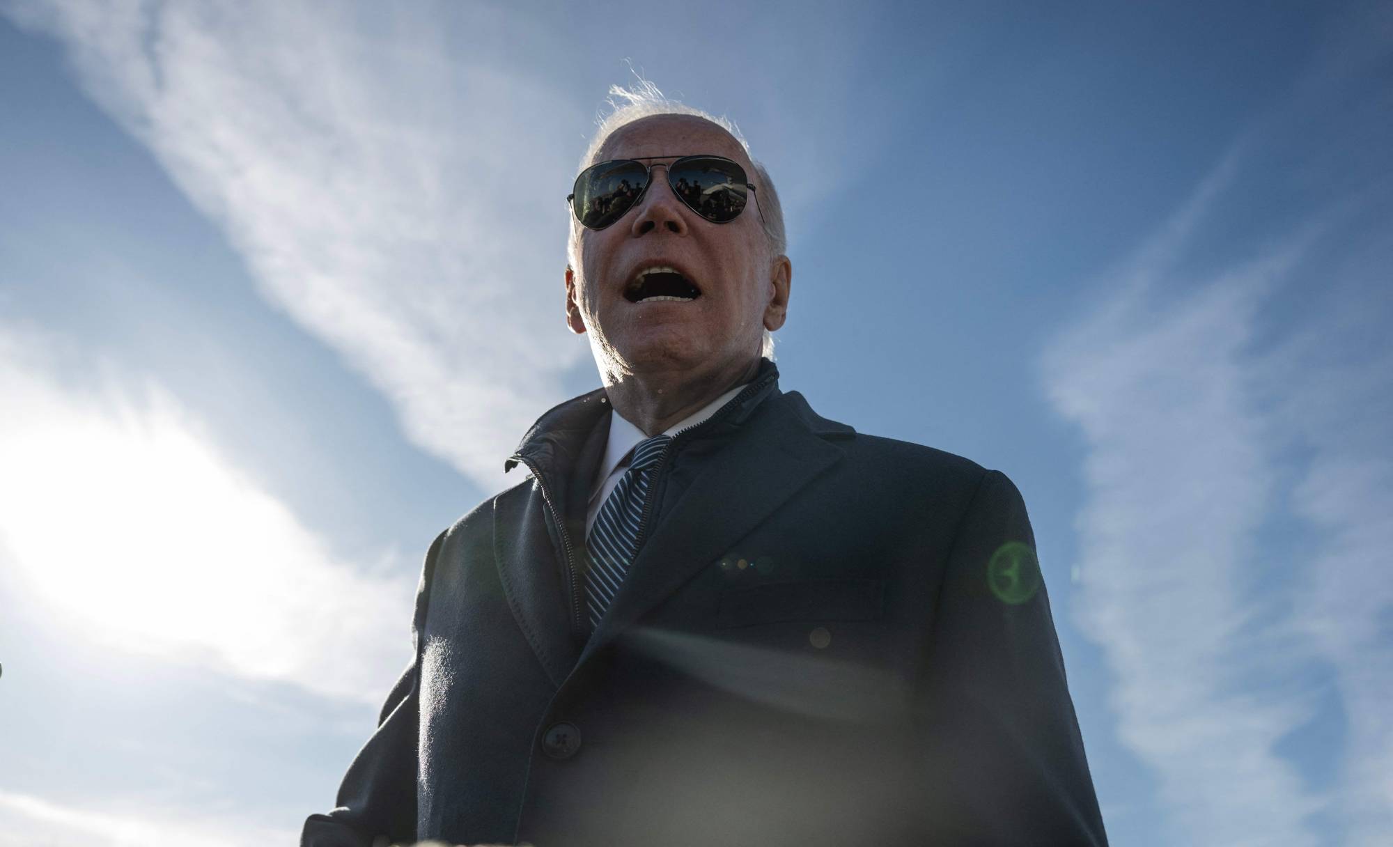 U.S. President Joe Biden speaks to the media after arriving at Hagerstown Regional Airport in Hagerstown, Maryland, on Saturday. | AFP-JIJI