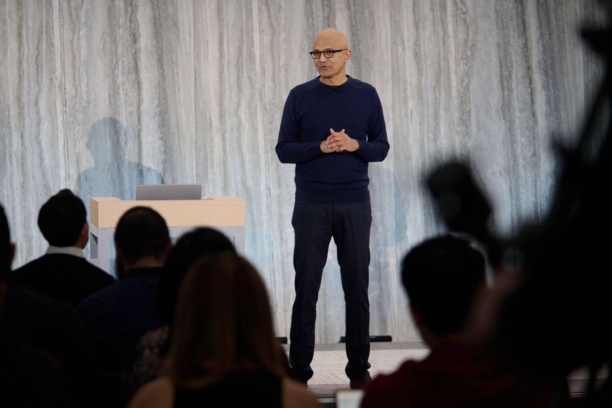 Satya Nadella, chief executive officer of Microsoft, speaks during an event at the company's headquarters in Redmond, Washington, on Tuesday. Microsoft unveiled new versions of its Bing internet-search engine and Edge browser powered by the newest technology from ChatGPT maker OpenAI. | BLOOMBERG