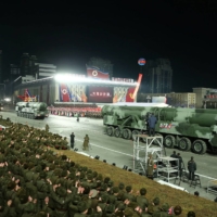 Missiles are displayed during a military parade to mark the 75th founding anniversary of North Korea\'s army, at Kim Il Sung Square in Pyongyang on Wednesday. | KCNA / VIA REUTERS    