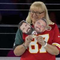 Donna Kelce answers questions about her sons, Eagles center Jason Kelce and Chiefs tight end Travis Kelce, during Super Bowl Opening Night in Phoenix on Monday. | USA TODAY / VIA REUTERS