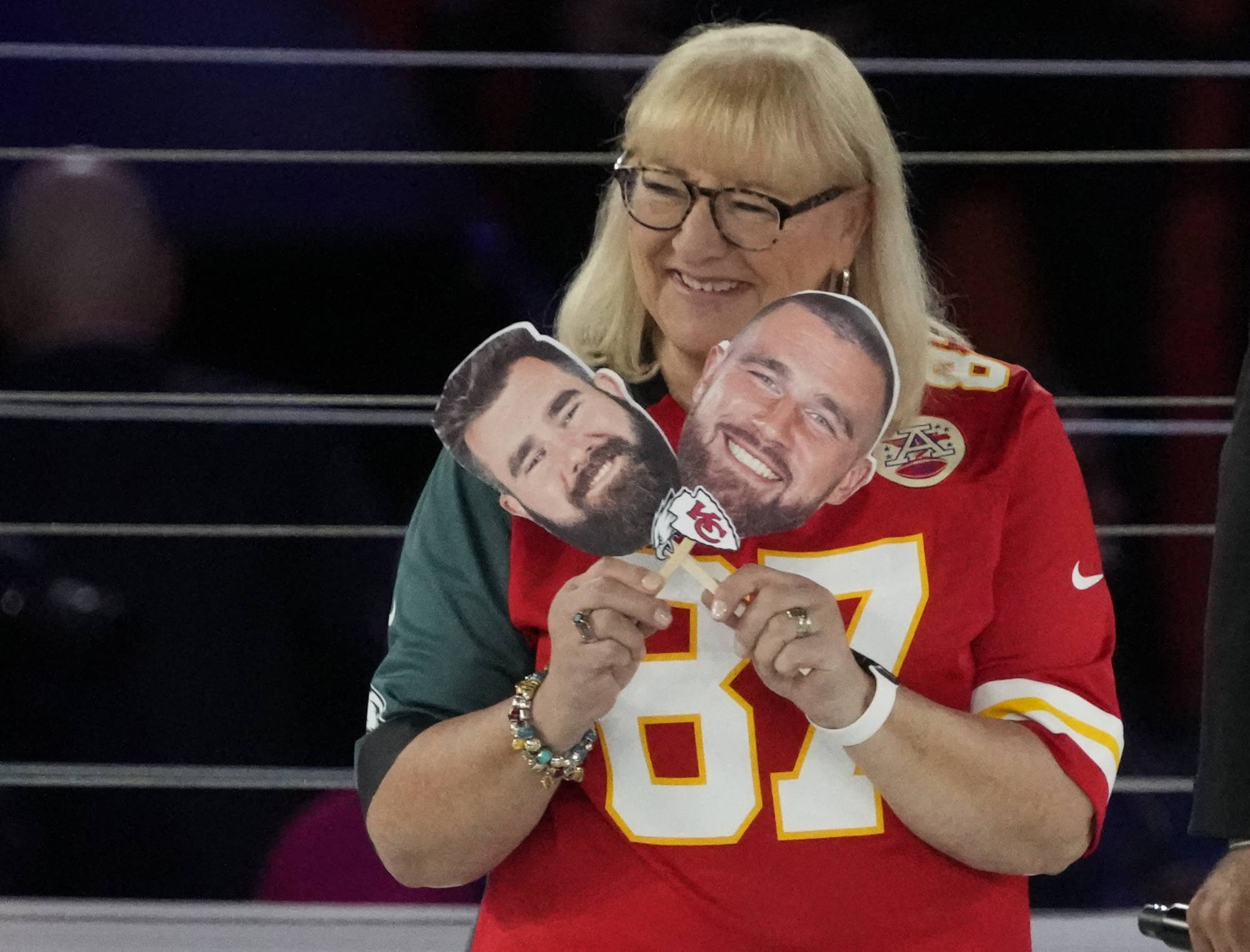 Donna Kelce answers questions about her sons, Eagles center Jason Kelce and Chiefs tight end Travis Kelce, during Super Bowl Opening Night in Phoenix on Monday. | USA TODAY / VIA REUTERS