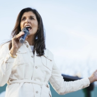 Former U.S. ambassador to the United Nations Nikki Haley during a rally with Sen. Ron Johnson in Waukesha, Wisconsin, on Nov. 11. Haley officially joined the 2024 presidential race on Tuesday. | TAYLOR GLASCOCK / THE NEW YORK TIMES