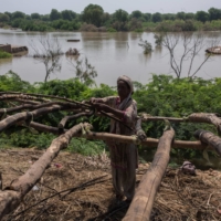 A woman prepares a make-shift shelter on a bank of the Indus River near Kotri Barrage, Pakistan, in September. | BLOOMBERG