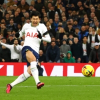 Tottenham\'s Son Heung-min scores against West Ham at Tottenham Hotspur Stadium in London on Sunday. | REUTERS