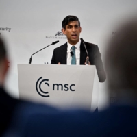 British Prime Minister Rishi Sunak addresses participants at the Munich Security Conference in Munich on Saturday. | POOL / VIA AFP-JIJI