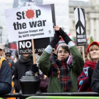 A demonstration against the Ukraine war in Trafalgar Square in London on Saturday.  | REUTERS