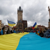 Protesters demonstrate to show solidarity with Ukraine at a rally in Prague on Friday.  
  | REUTERS