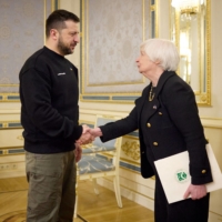 Ukrainian President Volodymyr Zelenskyy welcomes Yellen in Kyiv on Monday. | UKRAINIAN PRESIDENTIAL PRESS SERVICE / VIA REUTERS 