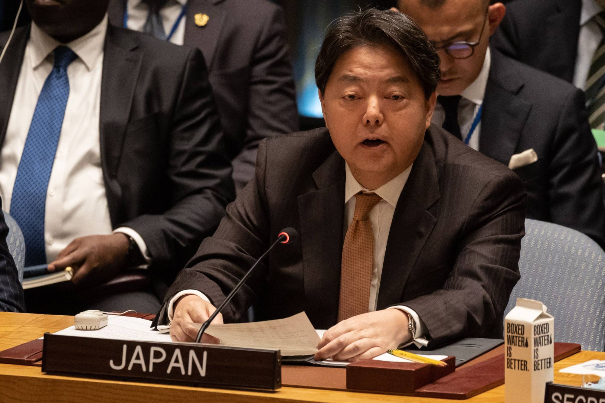 Foreign Minister Yoshimasa Hayashi addresses a United Nations Security Council meeting on the maintenance of peace and security of Ukraine at U.N. Headquarters in New York on Friday. | AFP-JIJI
