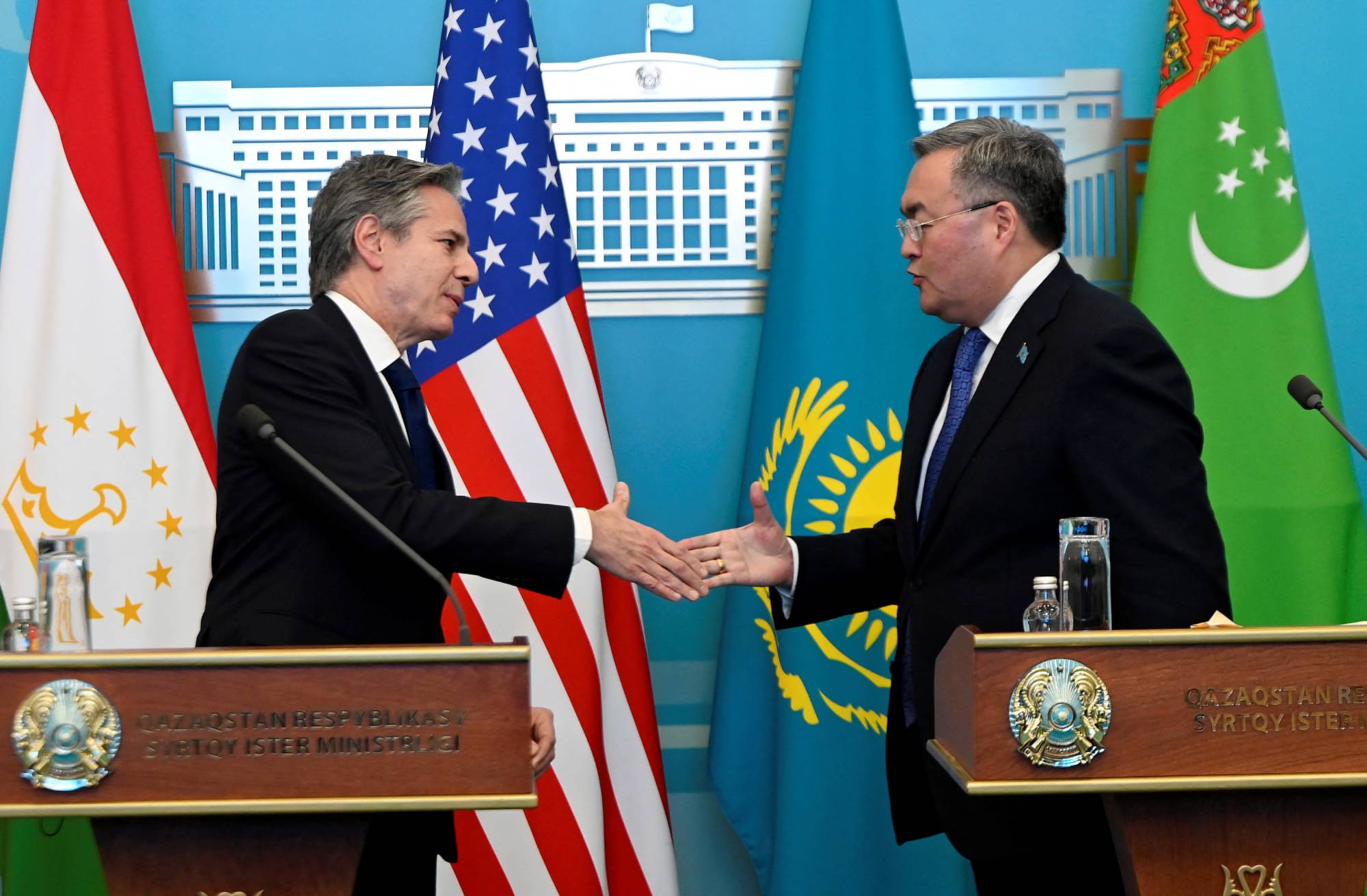 U.S. Secretary of State Antony Blinken (left) with Kazakh Foreign Minister Mukhtar Tleuberdi during a news conference in Astana, Kazakhstan, on Tuesday | POOL / VIA REUTERS 