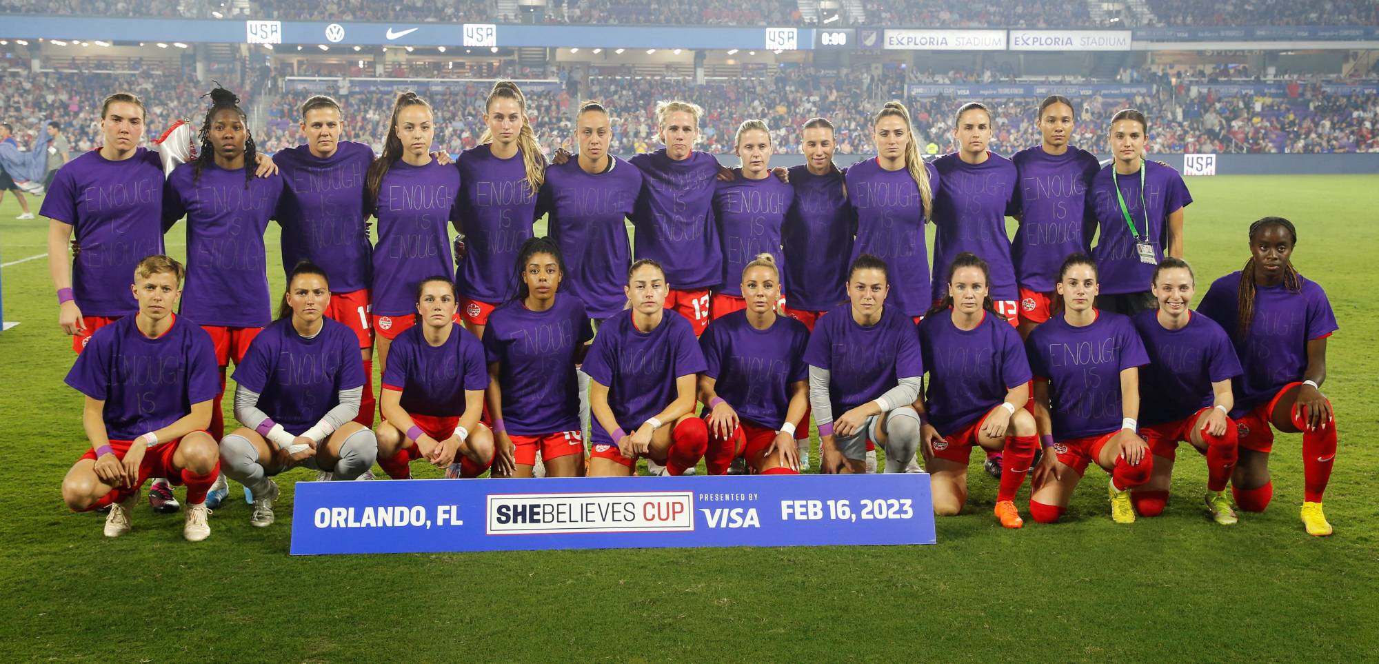 Members of Canada's women's soccer team wear purple t-shirts to protest unequal treatment by the country's soccer federation before a SheBelieves Cup game in Orlando, Florida, on Feb. 16. | REUTERS