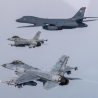 A U.S. Air Force B-1B bomber and South Korean KF-16 fighter jets take part in a joint drill on Friday. | REUTERS