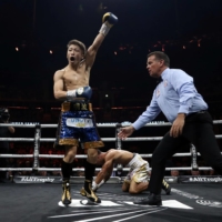 Naoya Inoue celebrates after knocking down Emmanuel Rodriguez during their IBF World Bantamweight title bout in May 2019.  | REUTERS