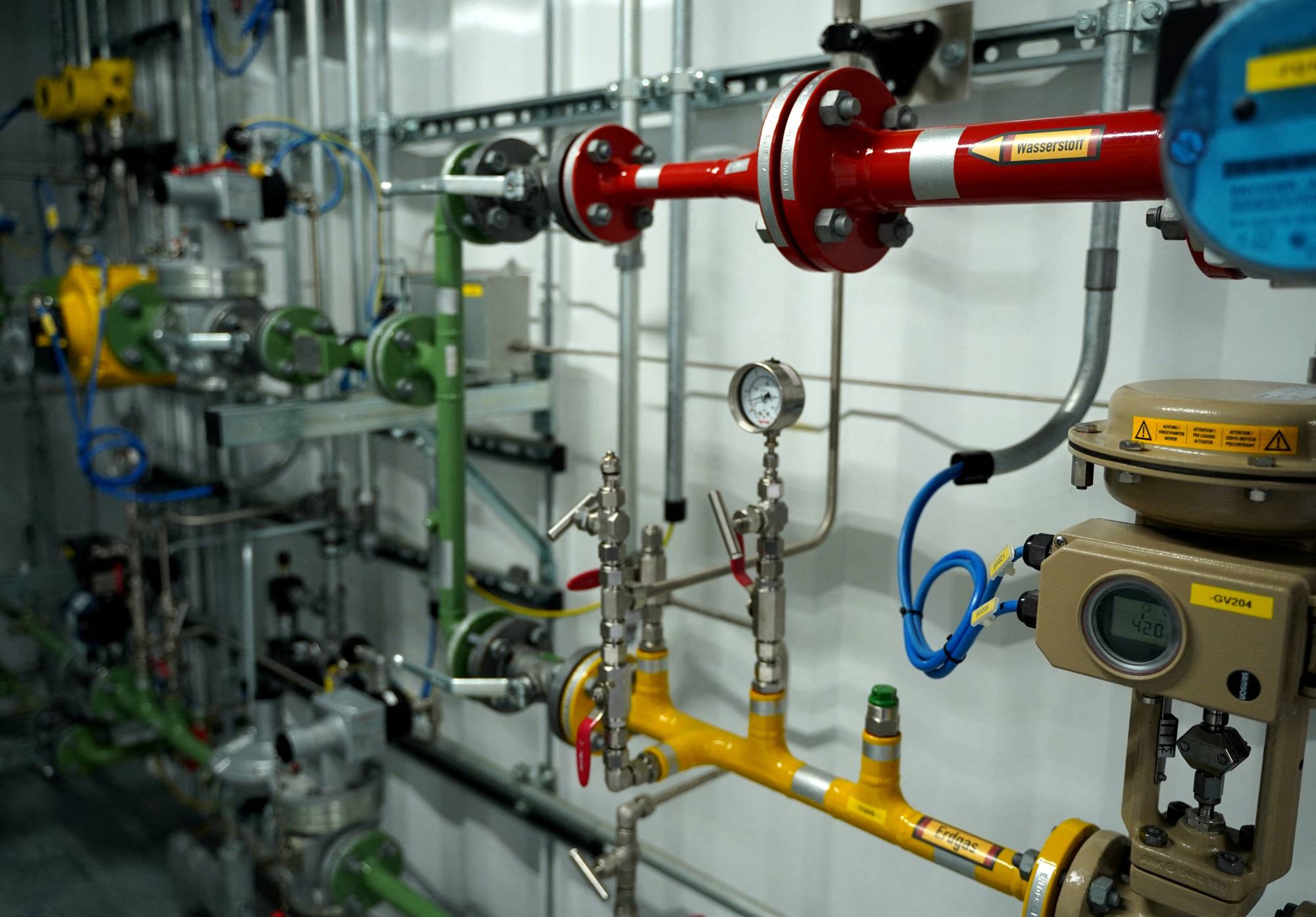 Pipes at a gas blending station that tests gas and hydrogen mixtures, in Oehringen, south western Germany | REUTERS