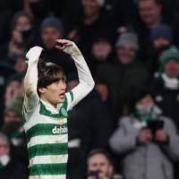 Celtic\'s Kyogo Furuhashi celebrates scoring during a game against Heart of Midlothian in Glasgow, Scotland, on Wednesday. | ACTION IMAGES / VIA REUTERS