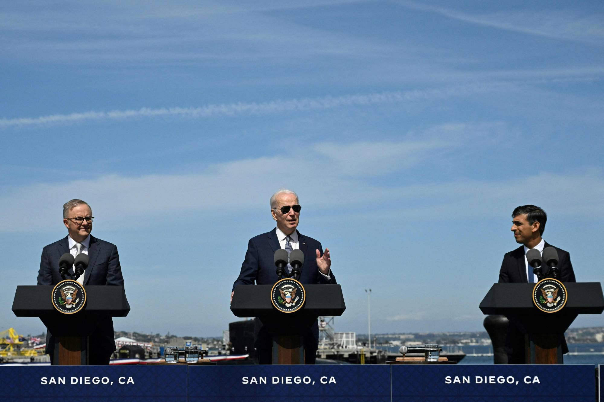 Australian Prime Minister Anthony Albanese (left) U.S. President Joe Biden and British Prime Minister Rishi Sunak hold a news conference during the AUKUS summit on Monday at Point Loma Naval Base in San Diego. | AFP-JIJI