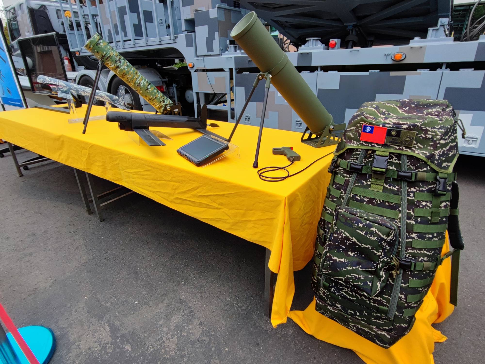 Taiwan’s top military research unit unveiled a series of locally made attack and surveillance drones on Tuesday, including a new loitering munition similar in appearance to the U.S.-made Switchblade 300 deployed in Ukraine against Russia. | GABRIEL DOMINGUEZ