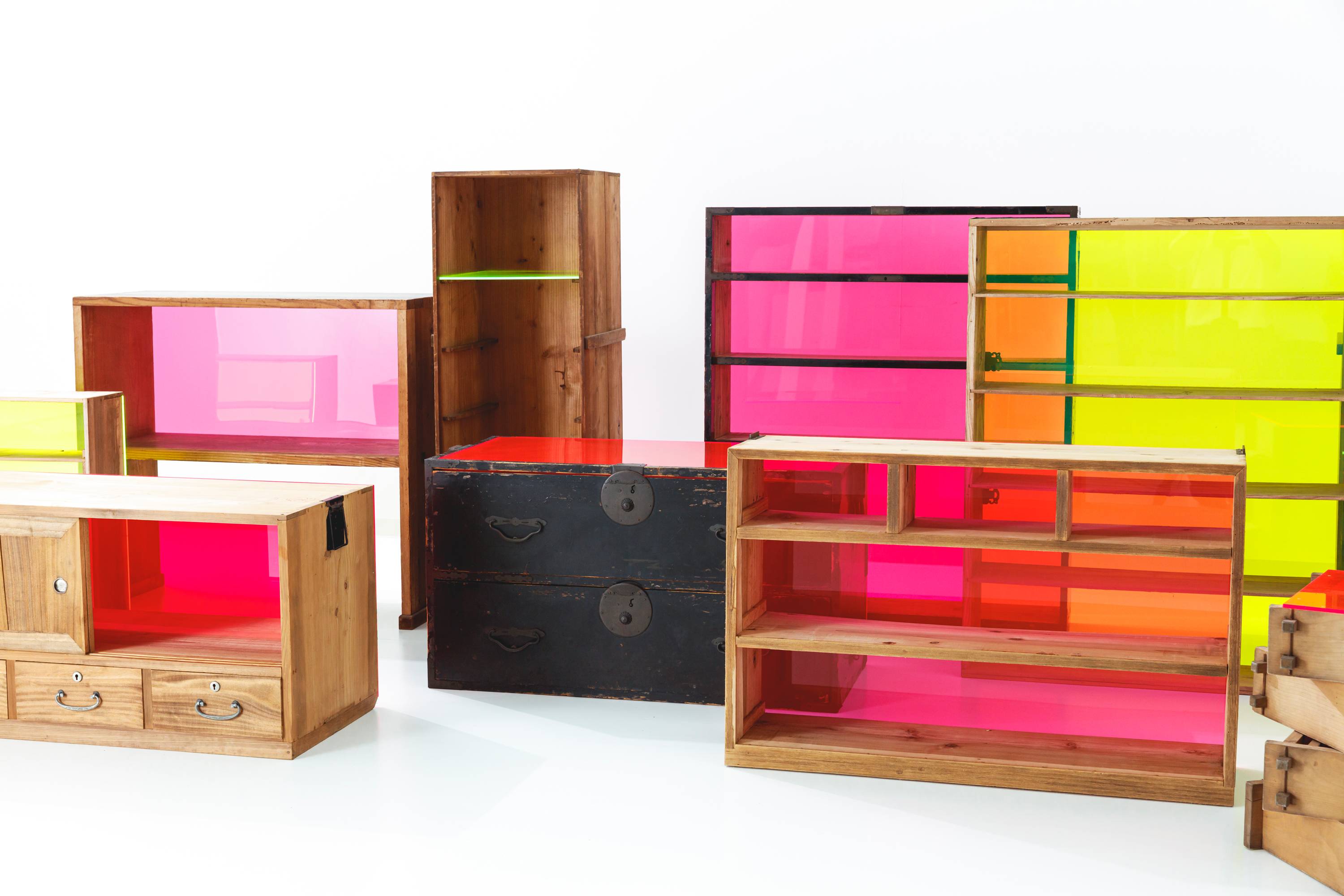 Yes Inc.’s P/OP (tansu x acrylic) project upcycles damaged traditional paulownia wood tansu chests with sheets of fluorescent acrylic. | COURTESY OF YES INC.