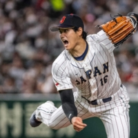 Japan\'s Shohei Ohtani pitches against Italy during the quarterfinals of the World Baseball Classic at Tokyo Dome on Thursday. | AFP-JIJI