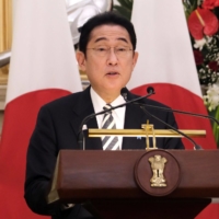 Prime Minister Fumio Kishida during a news conference with Narendra Modi, India\'s prime minister, after their meeting at Hyderabad House in New Delhi on Monday. | BLOOMBERG