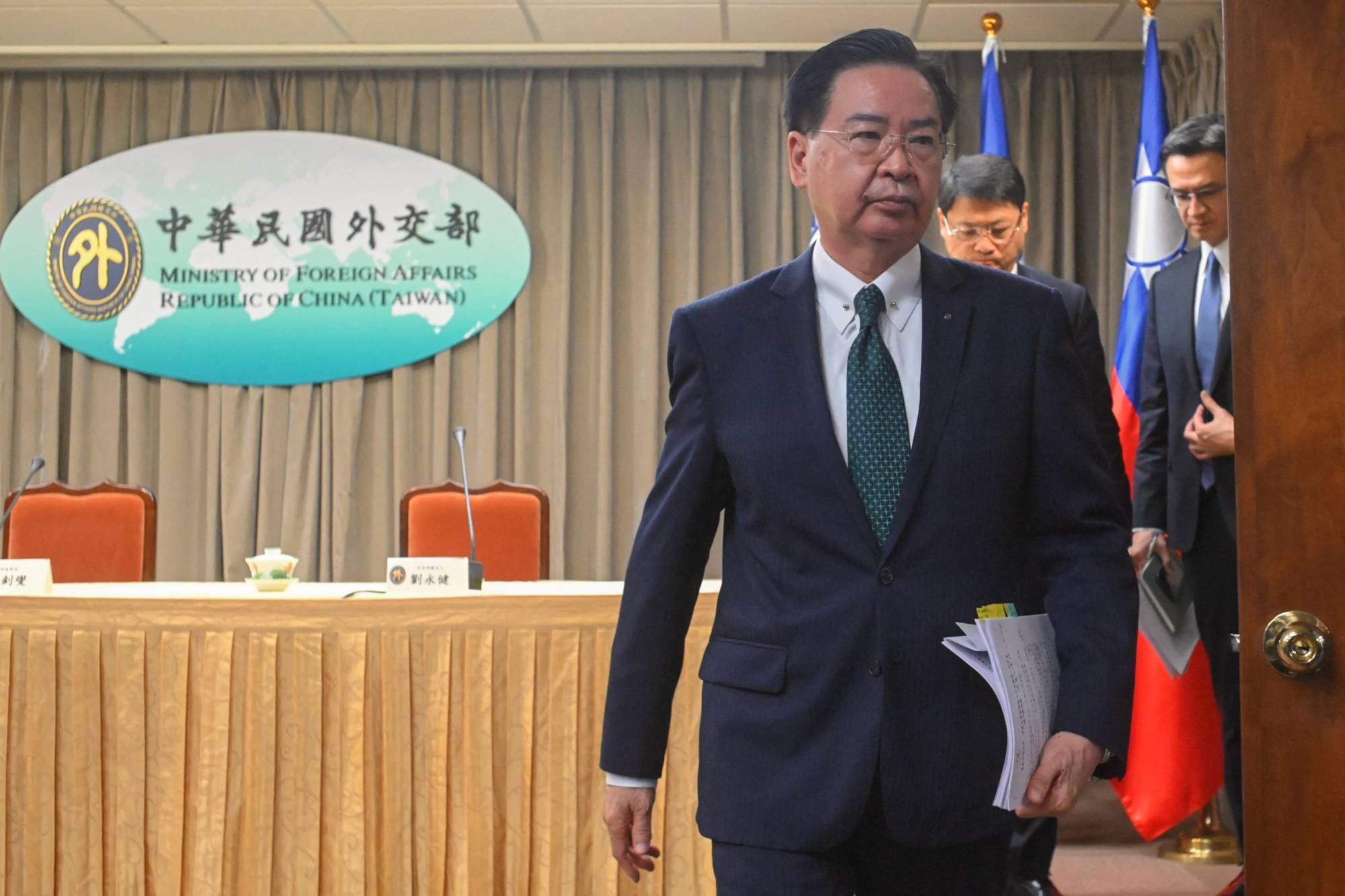 Taiwanese Foreign Minister Joseph Wu leaves after a news conference in Taipei on Saturday to confirm that Honduras has broken off diplomatic relations with Taipei.  | AFP-JIJI