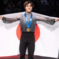 Shoma Uno celebrates after winning the men\'s singles competition in Saitama on Saturday. | AFP-JIJI