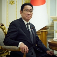 Prime Minister Fumio Kishida during a meeting with Ukrainian President Volodymyr Zelenskyy in Kyiv on March 21 | UKRAINIAN PRESIDENTIAL PRESS SERVICE / VIA AFP-JIJI
