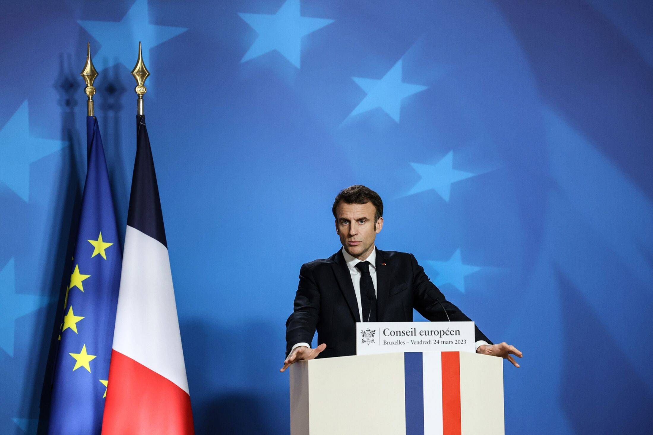 French President Emmanuel Macron at the European Union leaders summit in Brussels on Friday | Bloomberg