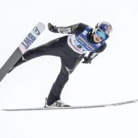 Ryoyu Kobayashi jumps during a World Cup event in  Lahti, Finland, on Sunday. | KYODO