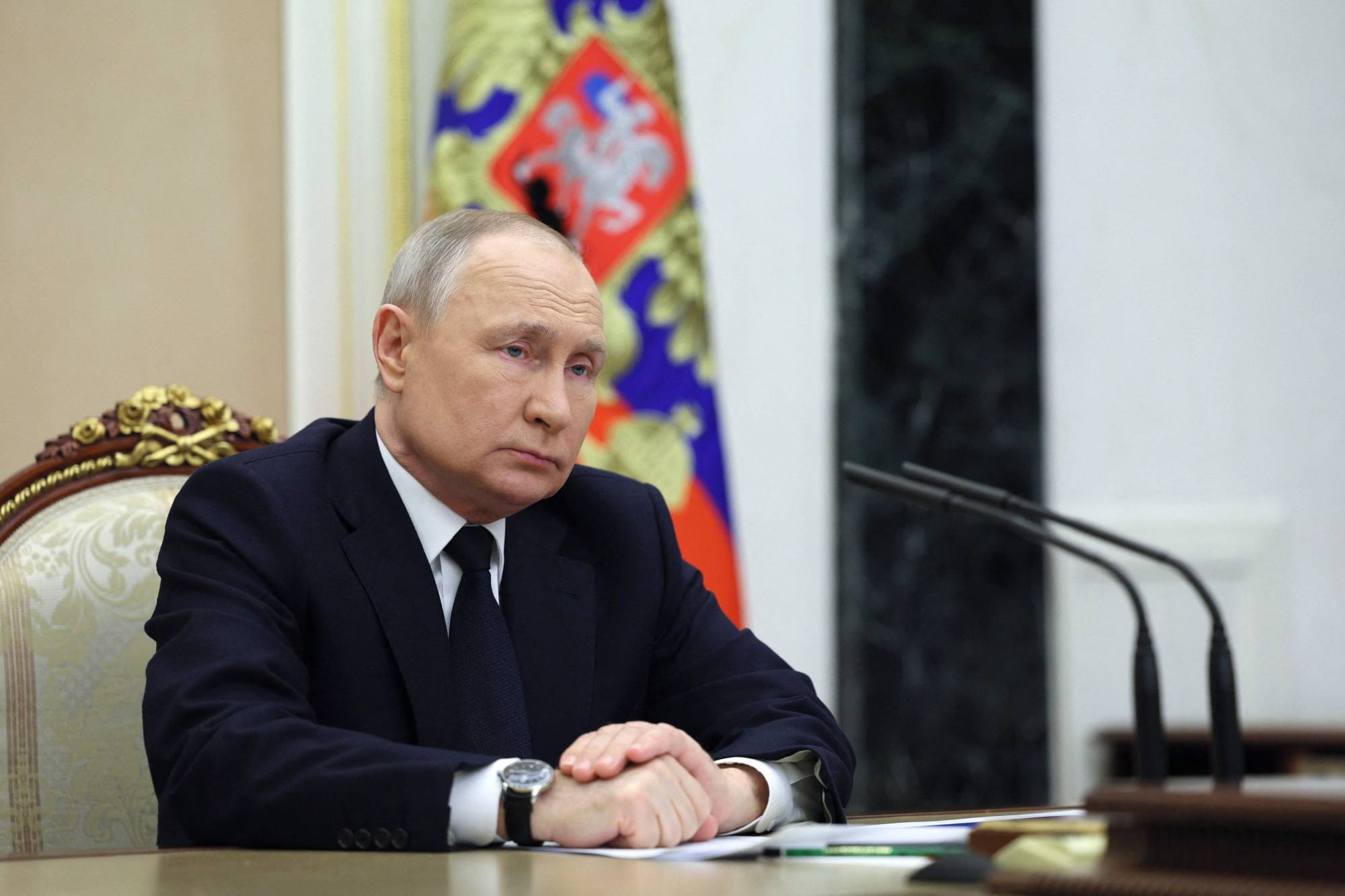 Russian President Vladimir Putin at the Kremlin in Moscow on Saturday |  SPUTNIK / VIA AFP-JIJI
