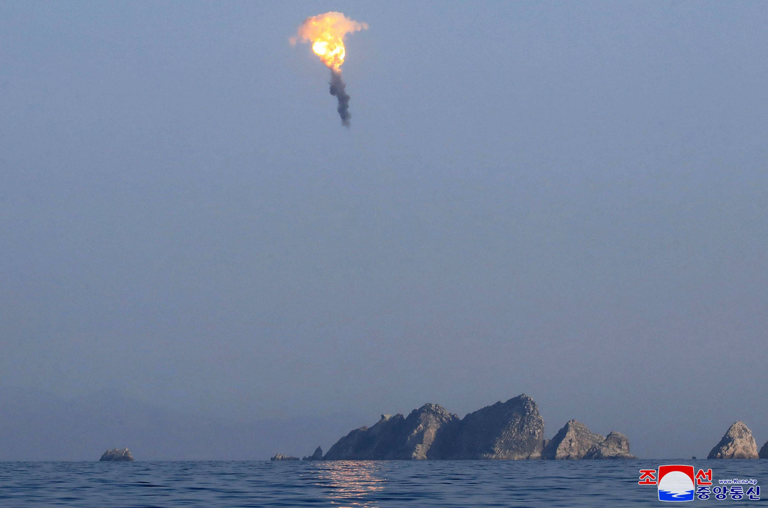A missile's warhead is detonated during a drill at an undisclosed location in North Korea, in this image released on Tuesday. | KCNA / KNS / VIA AFP-JIJI 