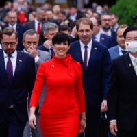 Czech Republic Speaker of the Chamber of the Deputies Marketa Pekarova Adamova leaves with a delegation and Taiwanese officials after visiting parliament in Taipei on Tuesday. | REUTERS