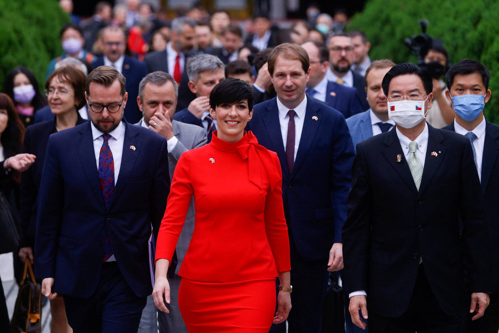 Czech Republic Speaker of the Chamber of the Deputies Marketa Pekarova Adamova leaves with a delegation and Taiwanese officials after visiting parliament in Taipei on Tuesday. | REUTERS
