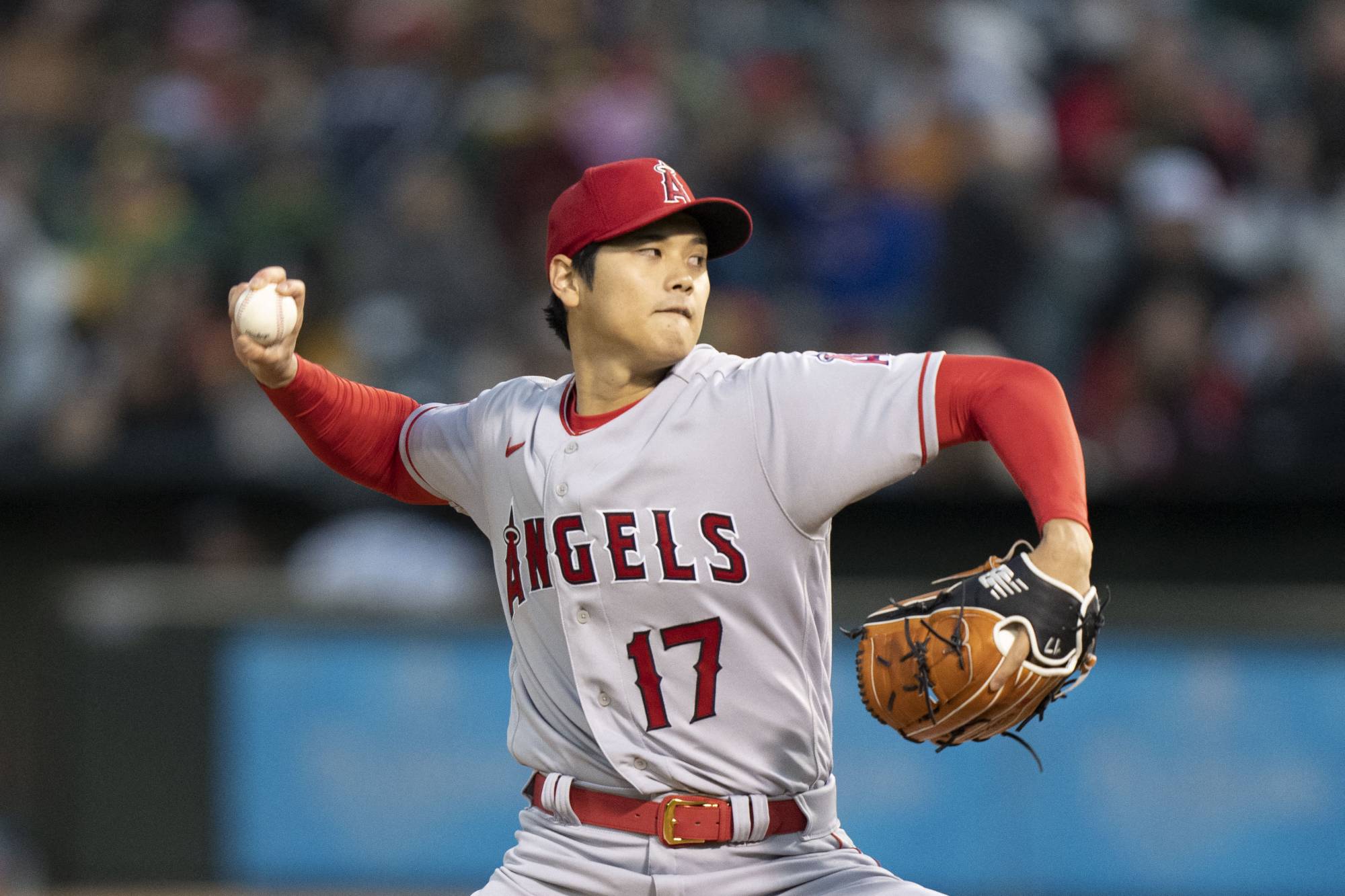 Angels starting pitcher Shohei Ohtani delivers a pitch against the Oakland Athletics during a game at RingCentral Coliseum in Oakland, California, on Thursday. | USA TODAY/ VIA REUTERS