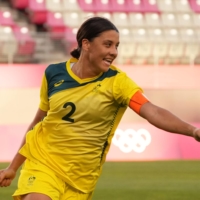 Australia forward Sam Kerr celebrates after scoring against the United States during the bronze medal match at the Tokyo Olympics on Aug. 5, 2021. | USA TODAY / VIA REUTERS