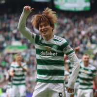 Celtic forward Kyogo Furuhashi celebrates after the team\'s win over Rangers in Glasgow, Scotland, on Saturday. | REUTERS