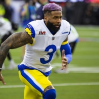 Rams receiver Odell Beckham Jr. warms up before Super Bowl LVI at SoFi Stadium in Inglewood, California, on Feb. 13, 2022. | USA TODAY / VIA REUTERS