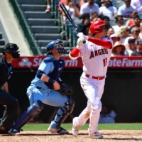 Shohei Ohtani homers against the Blue Jays at Angel Stadium in Anaheim, California, on Sunday. | USA TODAY / VIA REUTERS