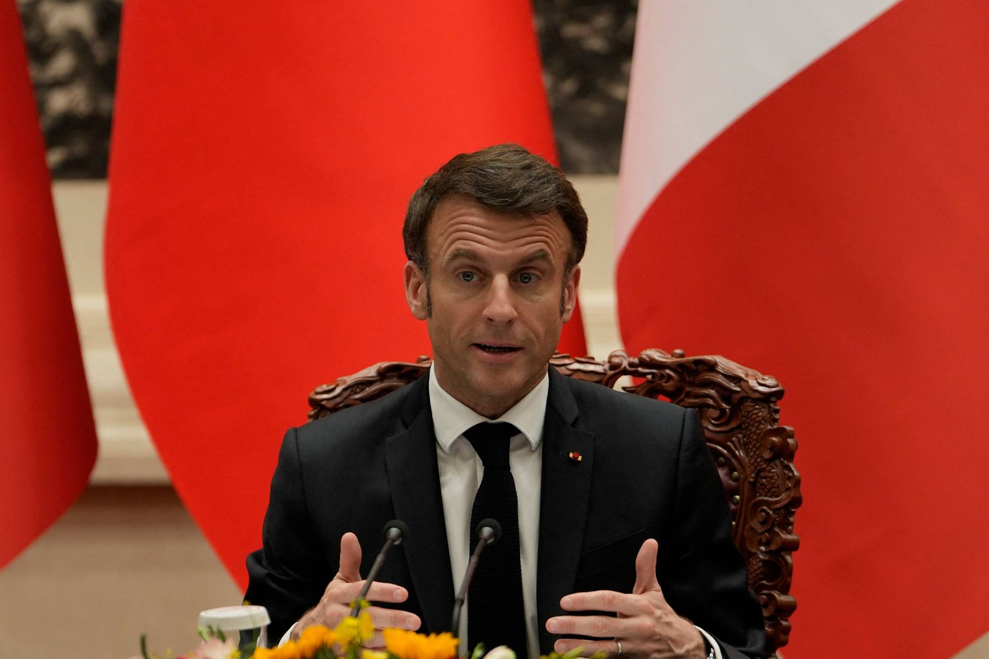 French President Emmanuel Macron addresses a news conference after meeting with Chinese leader Xi Jinping in Beijing on April 6. Macron disappointed many allies with his comments on Taiwan-China relations.  | POOL / VIA AFP)