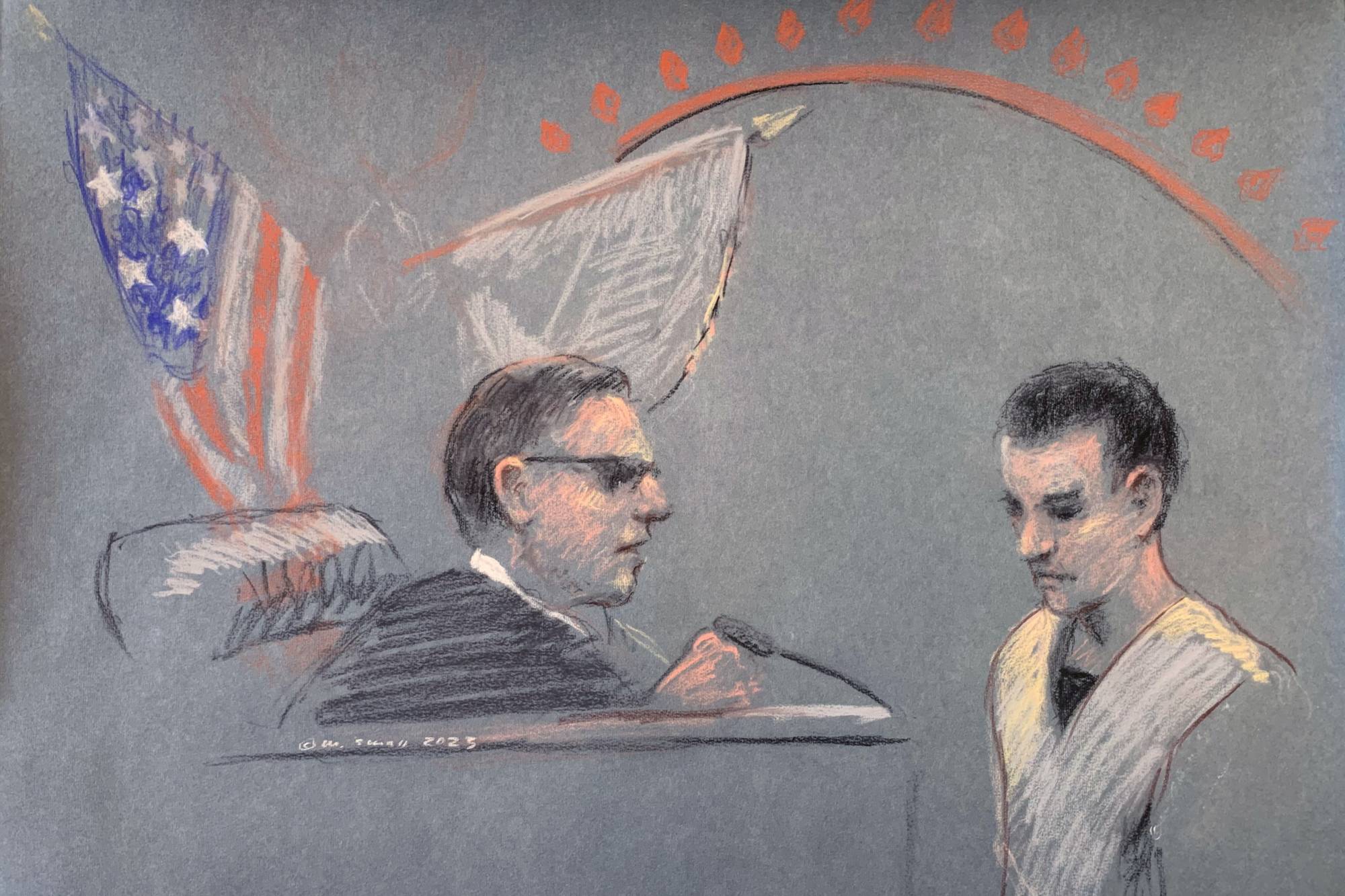 Jack Teixeira, a U.S. Air Force National Guard airman accused of leaking highly classified military intelligence records online, makes his initial appearance before a federal judge in Boston on Friday in a courtroom sketch. | REUTERS
