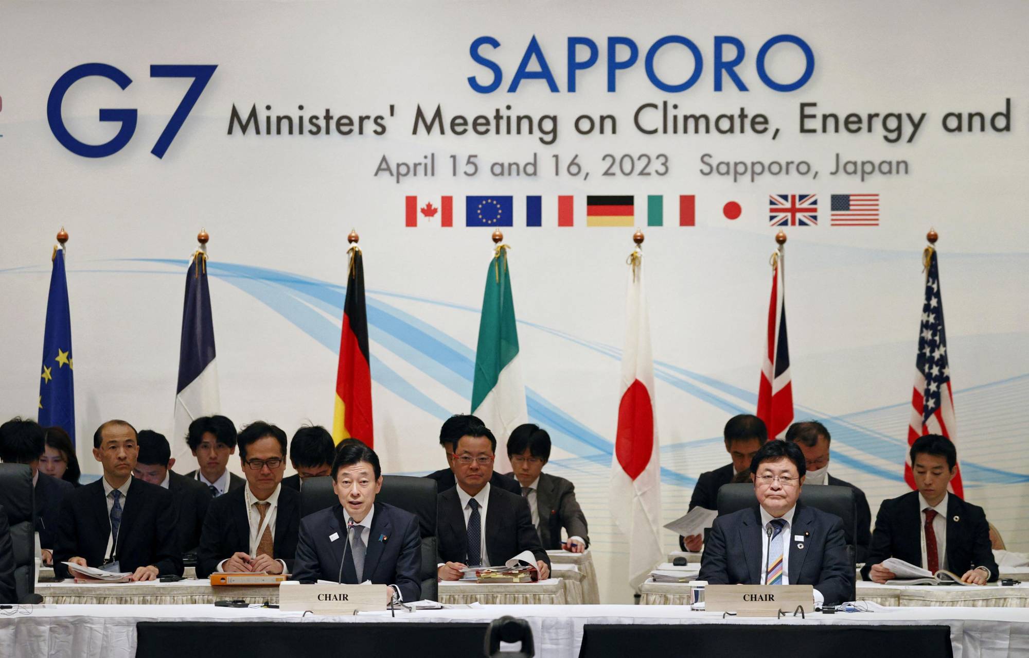 Industry minister Yasutoshi Nishimura (left), Environment Minister Akihiro Nishimura and other delegates attend the G7 environment ministers meeting in Sapporo on Saturday.  | KYODO 